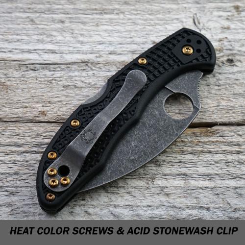 MODIFIED Spyderco Delica 4 - Acid Wash - Black Handle/Brown Backspacer