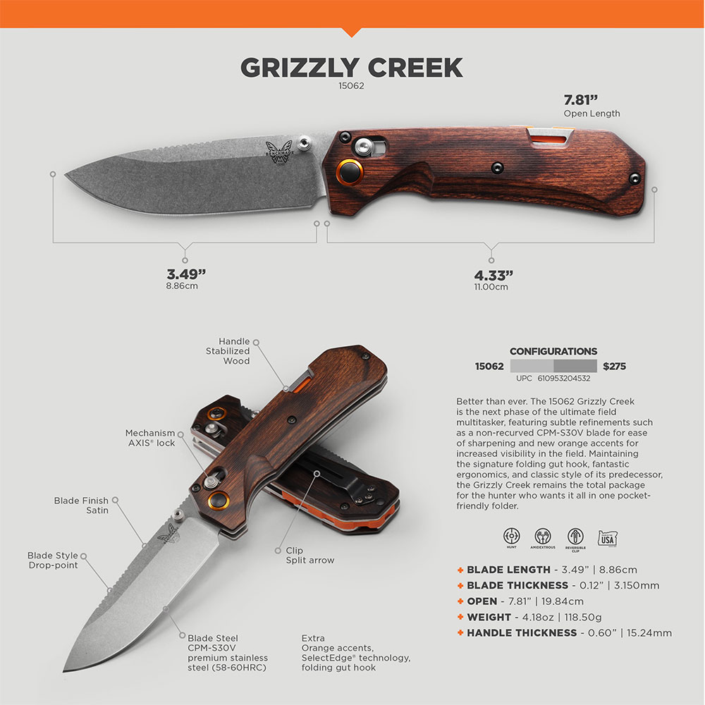 Benchmade 15062 Grizzly Creek Knife - 3.48 Inch S30V Drop Point W ...