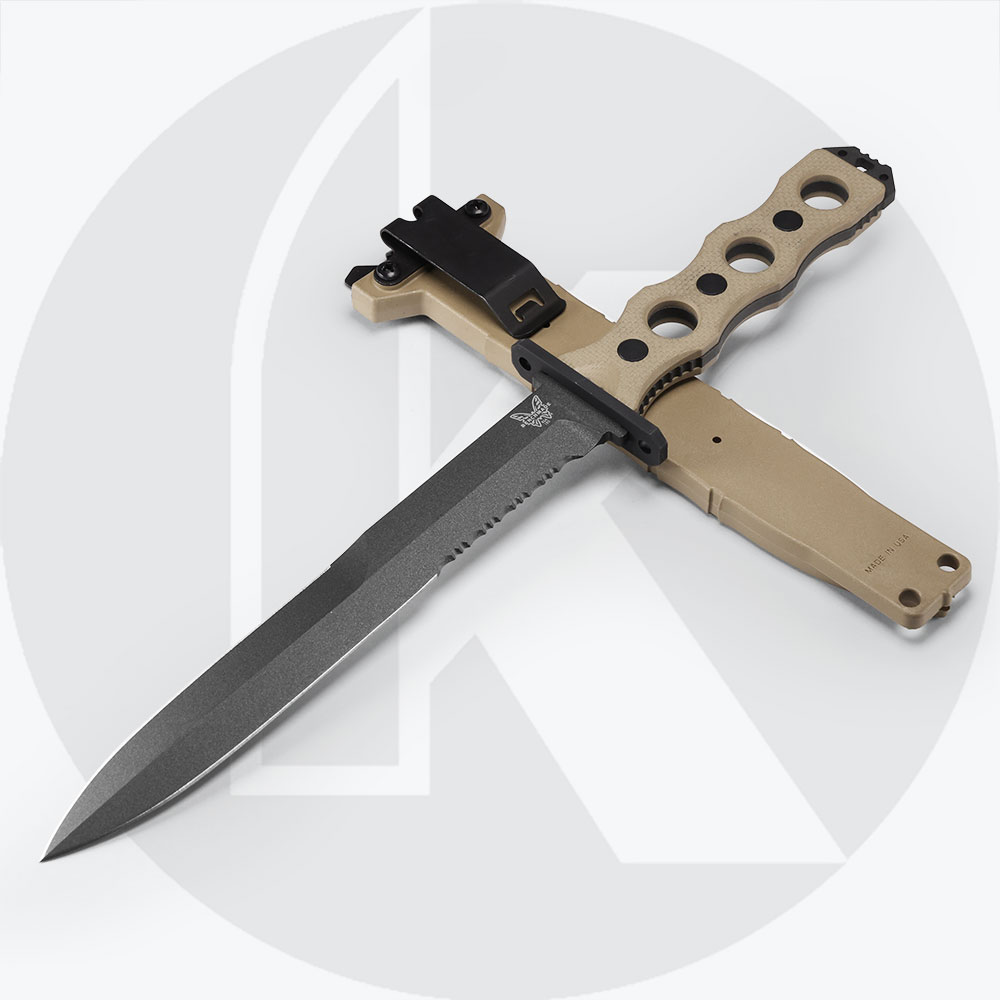 Benchmade SOCP Fixed Blade Knife (185SBK)- CPM-3V Cobalt Black Cerakote  Dagger Partially Serrated Blade, Black Peel Ply G-10 Handle