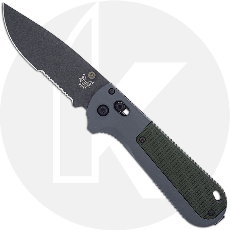 Benchmade Redoubt AXIS Part Serrate 430SBK @ SRKT Cobalt Black/Gray  Cerakote Coated CPM D2 Partially Serrated Drop Point Combo Blade Gray and  Green Grivory Handle Scales Manual Dual Thumb Stud Folding Pocket