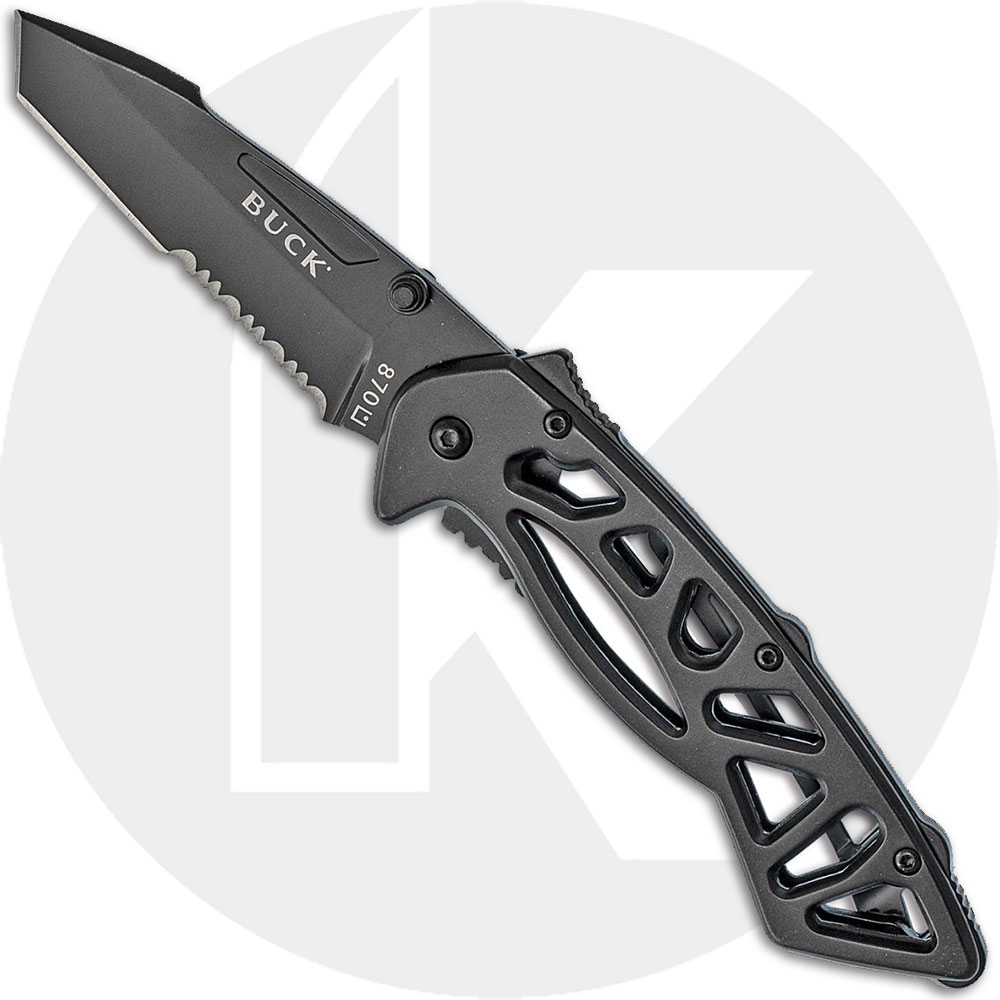 Buck Bones 870BKX Knife - Black Part Serrated 420HC Modified Tanto - Black Skeletonized Stainless Steel - Flipper Folder