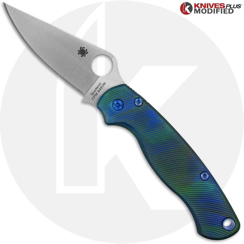 MODIFIED Spyderco Paramiliary 2 Knife - Satin Blade - AWT Agent Custom Anodized Scales - Blue Titanium Hardware