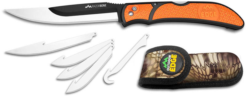 Outdoor Edge RazorBone - RBB-20 - Folding Hunting Knife Set - Replaceable  Blades - Orange Handle - Camo Sheath