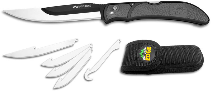 Outdoor Edge RazorBone - RBY-10 - Folding Hunting Knife Set - Replaceable  Blades - Gray Handle - Black Sheath