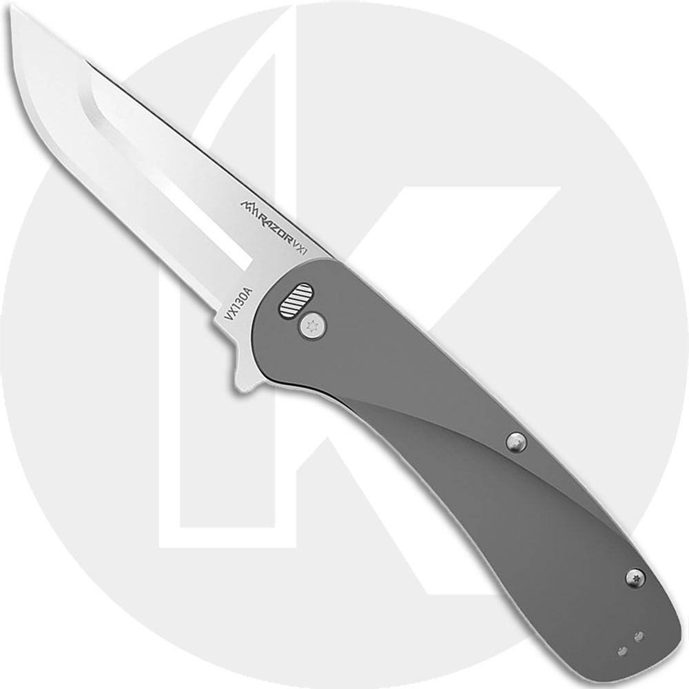 Outdoor Edge Razor VX1 VX130A Knife - Assisted - 3.0-Inch Replaceable Blade - Gray Anodized Aluminum - Flipper Folder