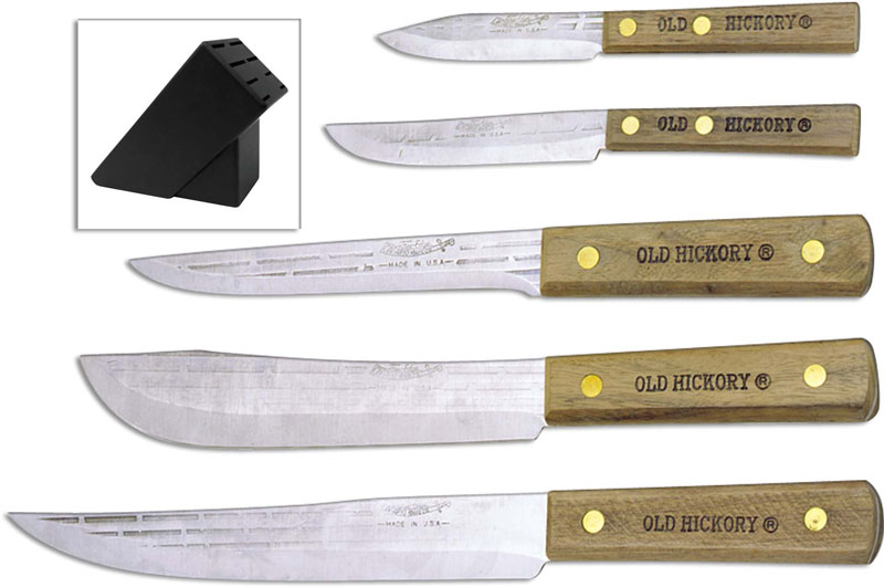 Old Hickory Block Set 7220 Five Carbon Steel Kitchen Knives with Hardwood  Block USA Made