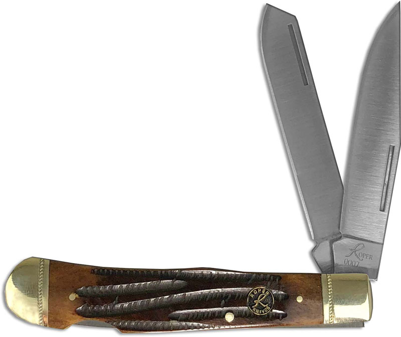 Roper Double Lock Trapper Knife Traditional Pocket Knife Jigged Brown