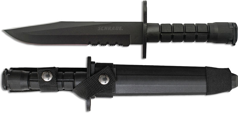Schrade M9 Bayonet, 8 inch part serrated black double edge clip point fixed...