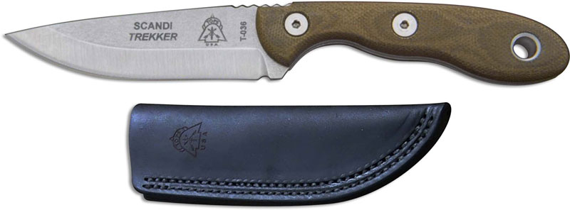 TOPS Knives Scandi Trekker Knife - Tumble Finish 1095 Steel Hunters Point - Green Micarta