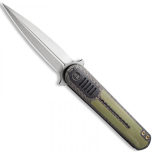 WE Knife Company 2002A Angst - Justin Lundquist EDC - Stonewash Dagger - Twill Carbon Fiber with Black and OD G10 - Liner Lock Flipper Folder