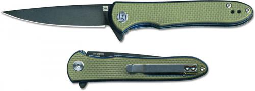 Artisan Shark Knife 1707PS-BGNF Small Black D2 Drop Point Green G10 Liner Lock Flipper Folder