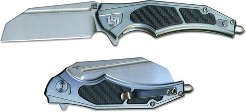 Artisan Apache 1813P-GCF D2 Modified Wharncliffe Knife Greenish Gray Aluminum with Carbon Fiber Liner Lock Flipper Folder