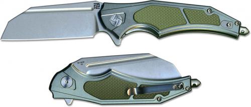 Artisan Apache 1813P-GGN D2 Modified Wharncliffe Knife Greenish Gray Aluminum with Green G10 Liner Lock Flipper Folder