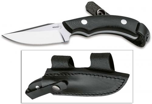 Boker Plus J-Bite Knife 02BO046 - Greg Dash EDC - Satin Clip Point Fixed Blade - Black G10 - Leather Horizontal Carry