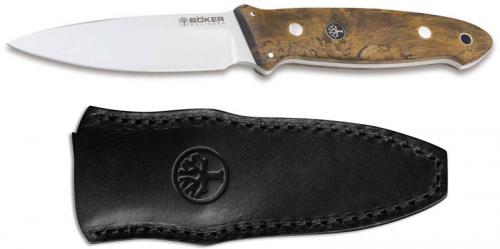 Boker Cub Knife 127661 - Lucas Burnley - Satin N690 Drop Point Fixed Blade - Brown Curly Birch - Made in Germany