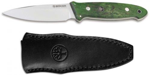 Boker Cub Knife 128661 - Lucas Burnley - Satin N690 Drop Point Fixed Blade - Green Curly Birch - Made in Germany