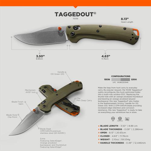 Benchmade Taggedout 15536 Knife - CPM-S45VN Clip Point - OD Green G10 - Orange Anodized Aluminum Spacers - USA Made