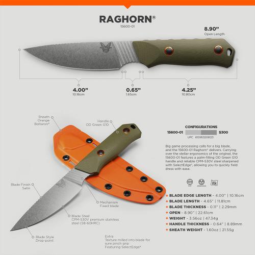 Benchmade Raghorn 15600-01 Fixed Blade Knife - CPM-S30V Drop Point Fixed Blade - OD Green G10 - USA Made