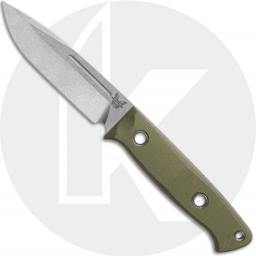 Benchmade Bushcrafter 163-1 Fixed Blade Knife - Stonewash CPM S30V Drop Point - OD Green G10 - Black Leather Sheath