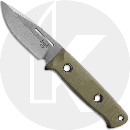 Benchmade Mini Bushcrafter 165-1 Fixed Blade Knife - Stonewash CPM S30V Drop Point - OD Green G10 - Black Leather Sheath