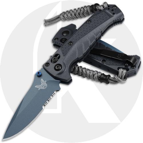 Benchmade Mini Adira 18065SBT-01 Knife - Part Serrated Blue MagnaCut Drop Point - Tempest Gray Grivory - USA Made