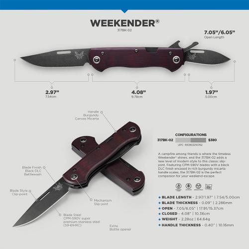 Benchmade Weekender 317BK-02 Knife - Black DLC S90V Clip Point and Spear Point - Burgundy Canvas Micarta - Slip Joint Folder - U