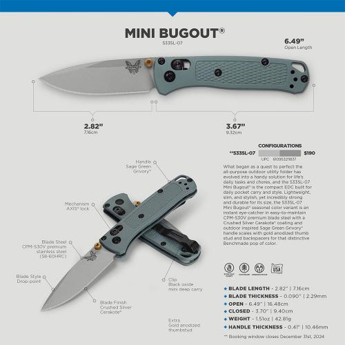 Benchmade Mini Bugout 533SL-07 Knife - Gray Cerakote S30V Drop Point - Sage Green Grivory - USA Made