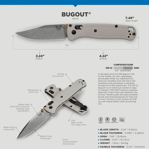 Benchmade Bugout 535-12 Knife - Stonewash S30V Drop Point - Tan Grivory - USA Made