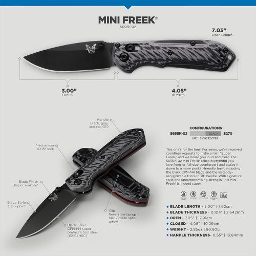 Benchmade Mini Freek 565BK-02 Knife - Black CPM-M4 Drop Point - Black and Gray Textured G10 - USA Made