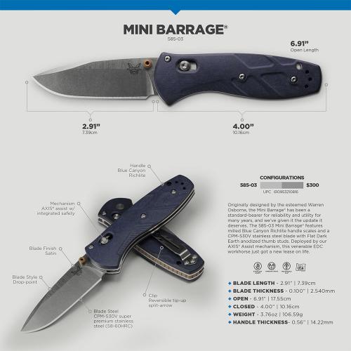 Benchmade Mini Barrage 585-03 Knife - Assisted - S30V - Blue Canyon Richlite - USA Made