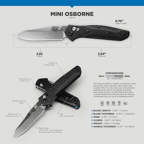 Benchmade Mini Osborne 945-2 Knife - Warren Osborne - Satin S90V Reverse Tanto - Carbon Fiber - USA Made