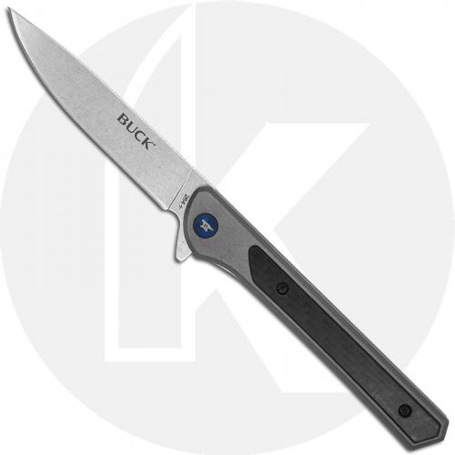 Buck Cavalier Knife - 0264GYS - Value Priced EDC - Stonewash Drop Point - Gray Aluminum / Carbon Fiber Front - Stonewash SS Back - Frame Lock Flipper Folder