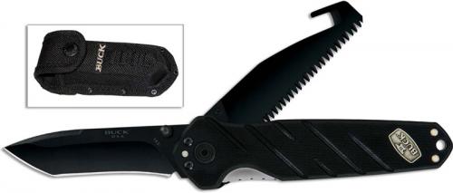 Buck Blackout Crosslock 0183BKS Tanto, Saw with Strap Cutter Black G10 Dual Lock Folding Knife USA Made