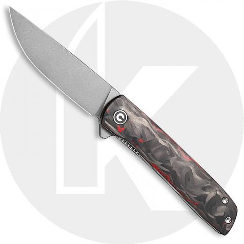 CIVIVI Bo Knife C20009B-B - Brad Zinker EDC - Gray Stonewash Nitro-V Drop Point - Carbon Fiber Red - Liner Lock - Flipper Folder