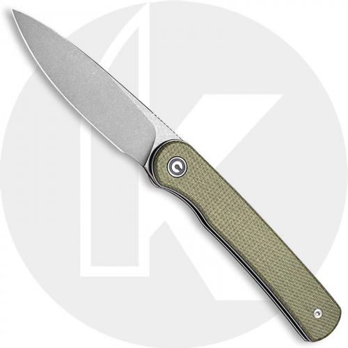 CIVIVI Stylum Knife C20010B-B - Value Price EDC - Gray Stonewash Drop Point - Olive Micarta - Slip Joint - Front Flipper Folder