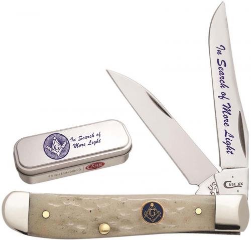 Case Masonic Mini Trapper Knife 25530 Natural Bone with Gift Tin 6207WSS