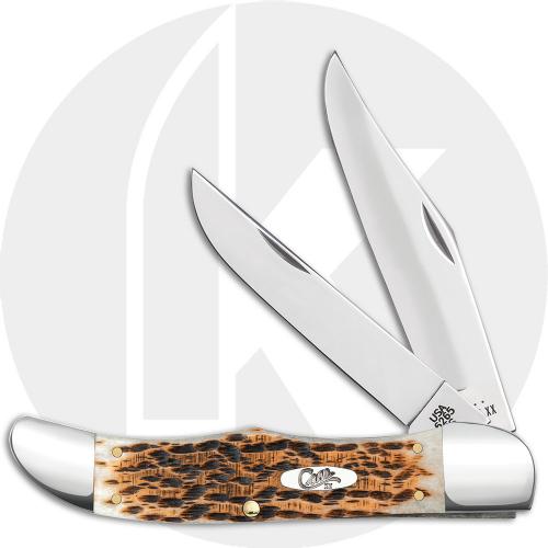 Case Large Folding Hunter 30093 Knife - Peach Seed Jigged Amber Bone - 6265CS - Brown Leather Sheath