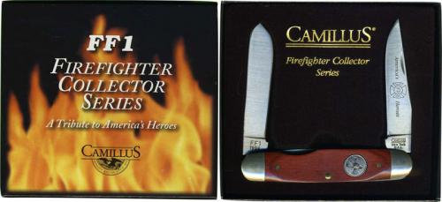 Camillus Firefighter Collector's Knife FF1 - Clip and Spey Blades - Redwood Laminated North American Hardwood Handle - Fireman's Scramble Shield - DISCONTINUED ITEM - OLD NEW STOCK - BNIB
