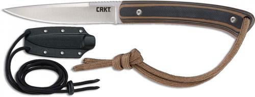 CRKT Biwa Knife - 2382 - Alan Folts - Neck Knife - Satin Drop Point Fixed Blade - Brown and Black G10