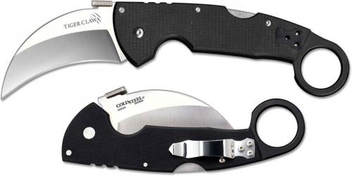 Cold Steel Tiger Claw 22C Karambit Knife - S35VN Hawkbill Blade - Black G10 Handle with Ring Pommel