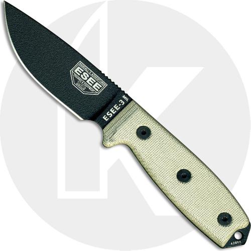 ESEE Knives ESEE-3MIL-P-B Black Drop Point - Micarta Handle - Glass Breaker Pommel - Black Molded MOLLE Sheath