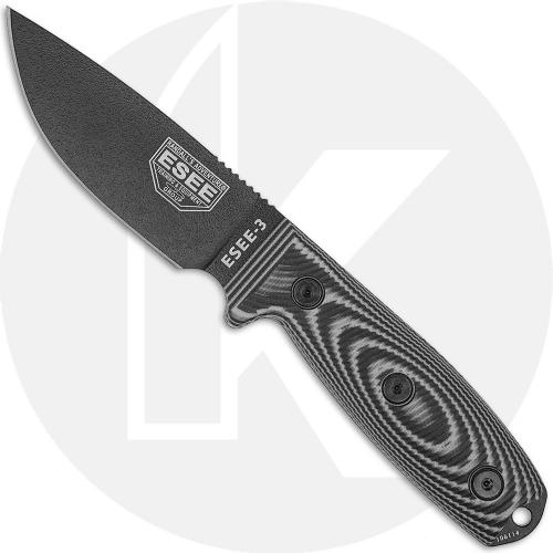 ESEE 3 3PMB-002 Fixed Blade Knife - Black 1095 Drop Point - Gray/Black 3D G10 Handle - Black Molded Sheath