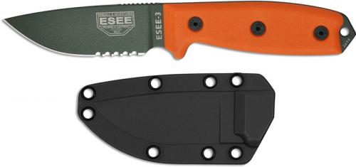 ESEE Knives ESEE-3S-OD Part Serrated Olive Drab Drop Point - Orange G10 Handle - Black Molded Sheath
