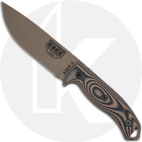 ESEE 5 5PDE-005 Fixed Blade Knife - Dark Earth Drop Point - Coyote Tan/Black 3D G10 Handle - Glass Breaker Pommel - Black Molded Sheath