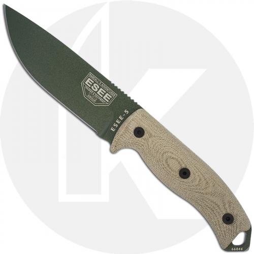 ESEE Knives ESEE-5POD-017 - Olive Drab Drop Point - 3D Canvas Micarta Handle - Glass Breaker Pommel - Black Kydex Sheath