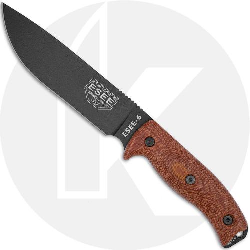 ESEE 6 6PB-011 Fixed Blade Knife - Black Drop Point - Brown 3D Linen Micarta Handle - Black Molded Sheath
