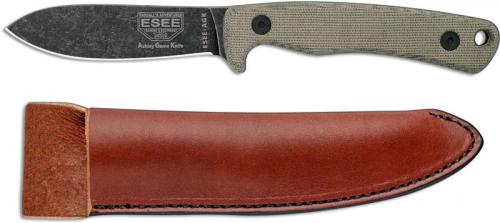 ESEE Knives Ashley Game Knife - ESEE-AGK - Ashley Emerson - Black Oxide Stonewash Drop Point - Canvas Micarta Handle - Leather P