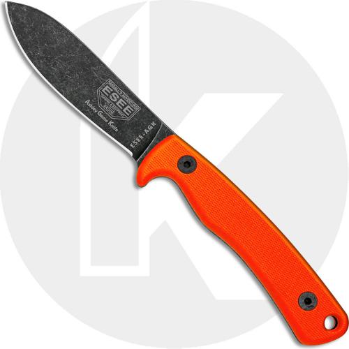 ESEE Knives Ashley Game Knife - ESEE-AGK-OR - Ashley Emerson - Black Oxide Stonewash Drop Point - Orange G10 Handle - Leather Pouch Sheath