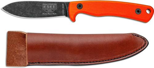 ESEE Knives Ashley Game Knife - ESEE-AGK-OR - Ashley Emerson - Black Oxide Stonewash Drop Point - Orange G10 Handle - Leather Po