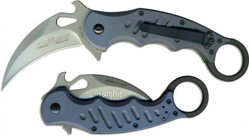 Fox Knives 478 Folding Karambit Emerson Wave Flipper Knife with Blue Gray Aluminum Handle
